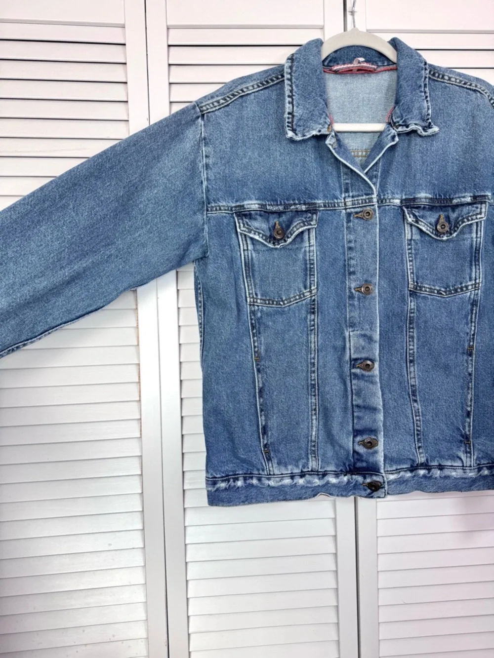 Free People Ramona Oversized Denim Trucker Jean Blue Distressed Small - Picture 5 of 11